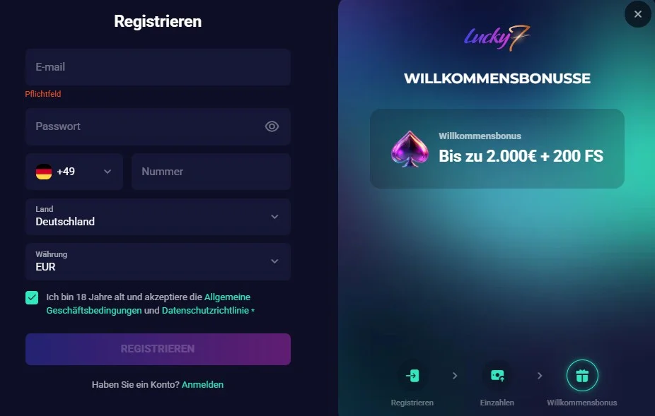 Lucky7even Casino Registrierung